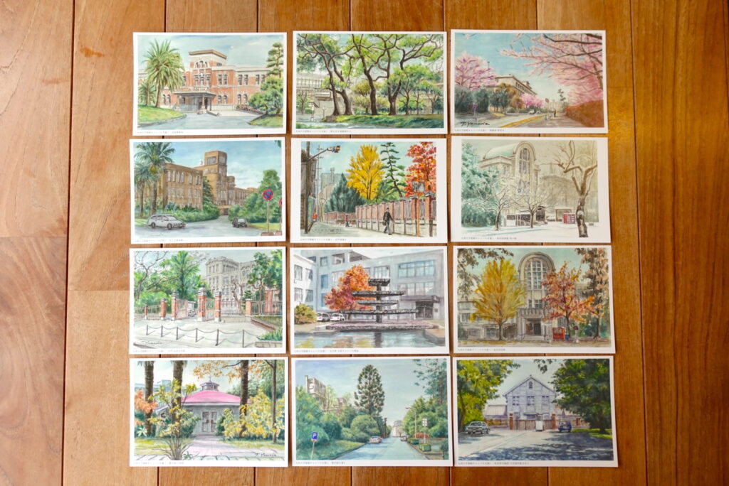 【原画展を2月に開催予定】九州大学箱崎キャンパスの姿をとどめた水彩画ポストカードを販売しています。